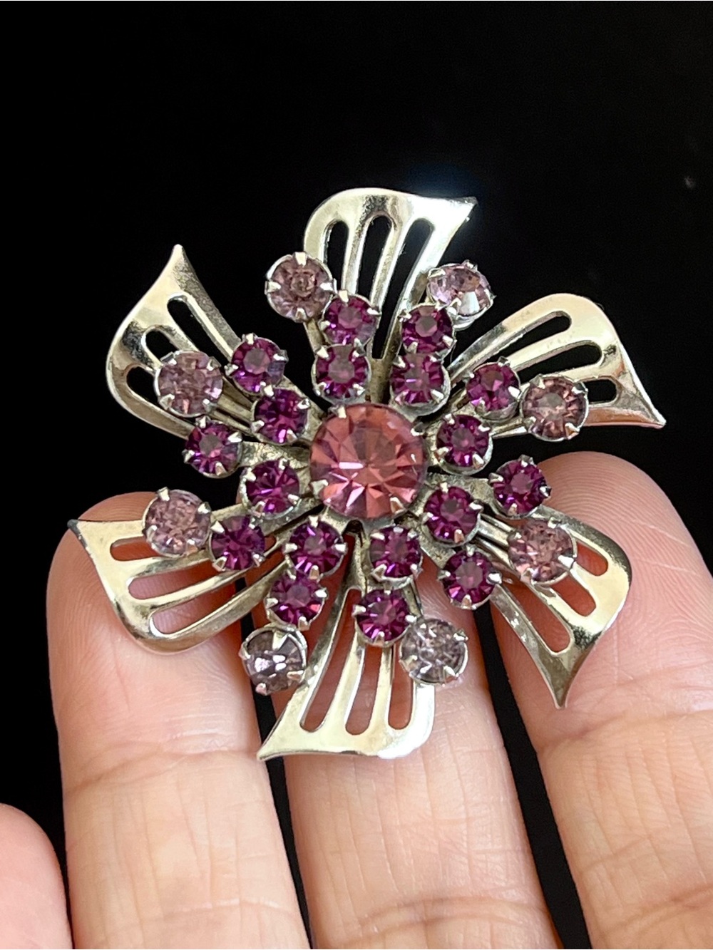 Vintage Style Floral Rhinestone Brooch - Purple & Pink Crystal Pin